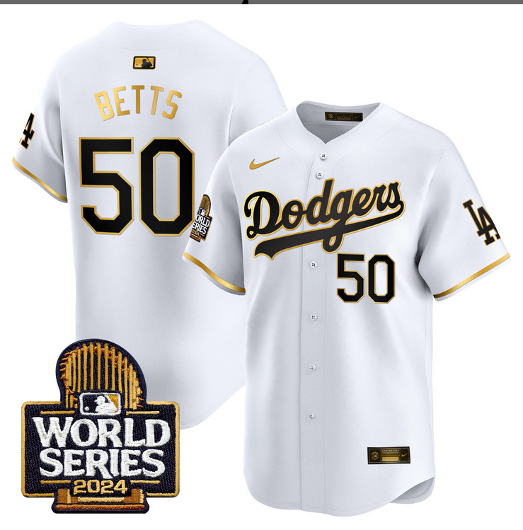 Men MLB Los Angeles Dodgers #50 Betts white 2024 World Series Champions Patch Limited Jersey20241105 style 3